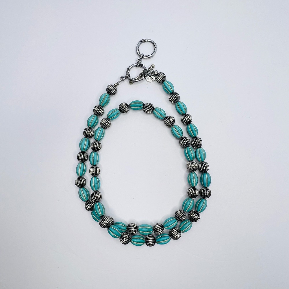 Faceted Faux‎ Turquoise & Silver Tone Beaded Chunky Necklace Western Ethnic 36"